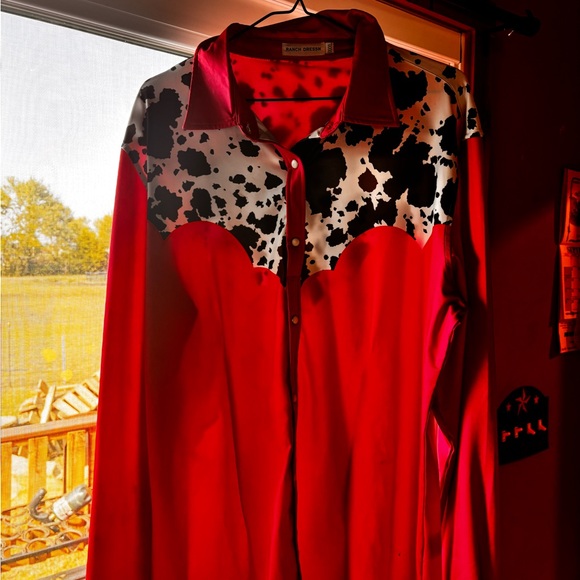 Pink with cow print rodeo button down shirt - Picture 1 of 2